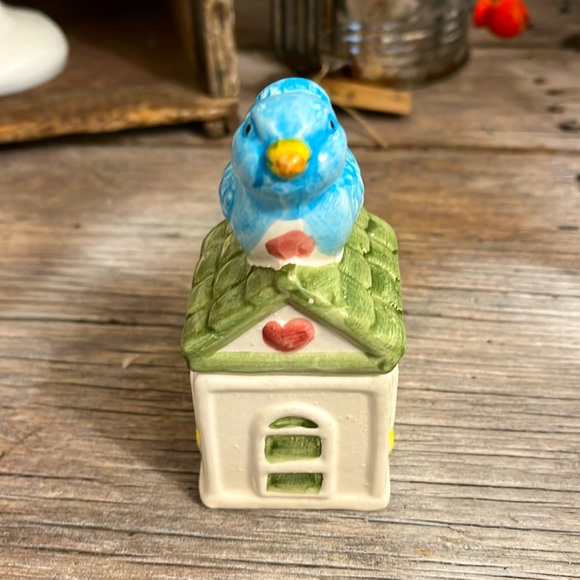 Blue Bird Perched House Salt and Pepper Shaker Set Ceramic Two Pieces - Picture 2 of 7